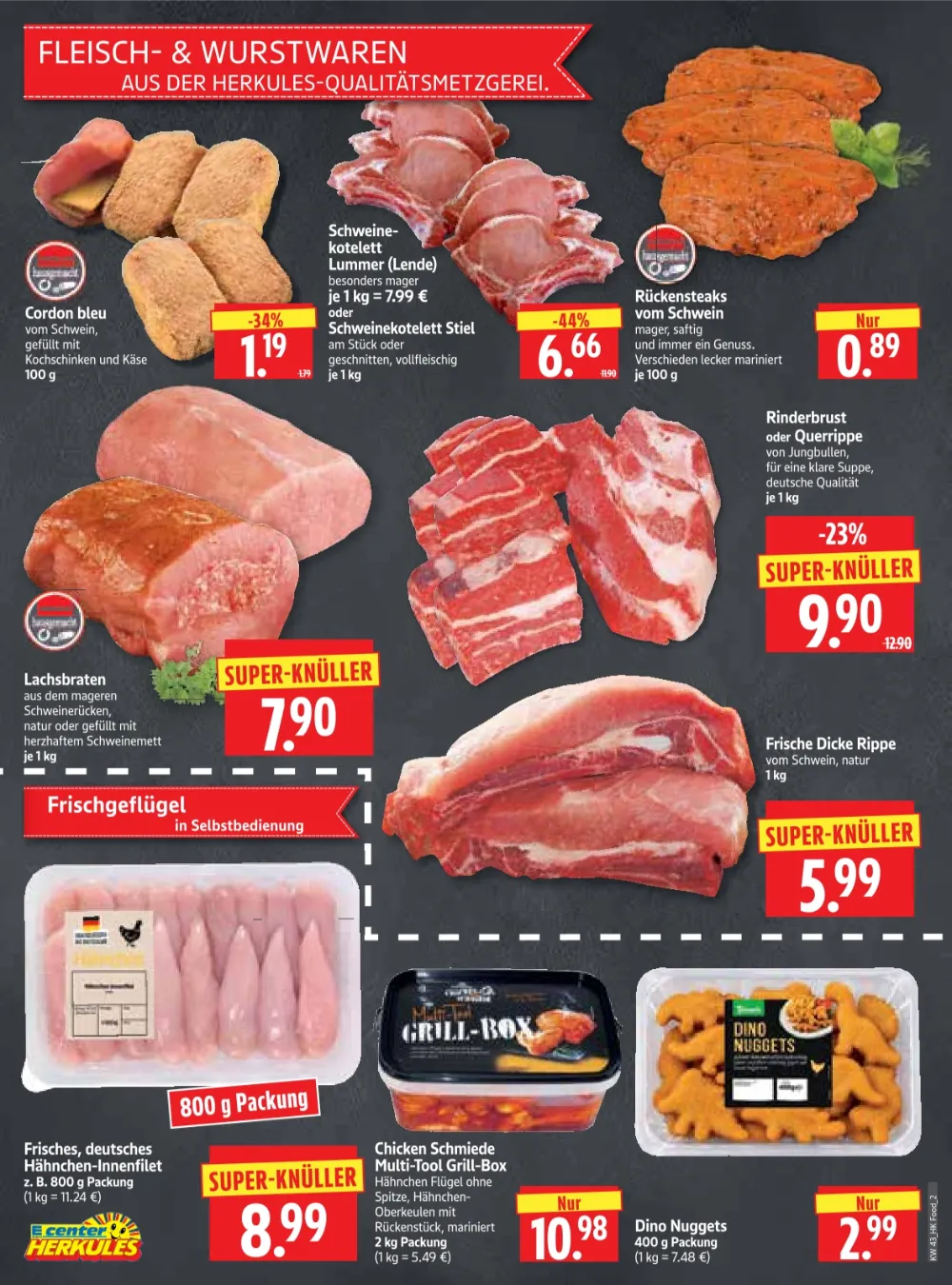 Herkules E-Center Prospekt KW 43 Seite 2 mit Cordon bleu, Schweinekotelett Lummer & Rückensteaks vom Schwein