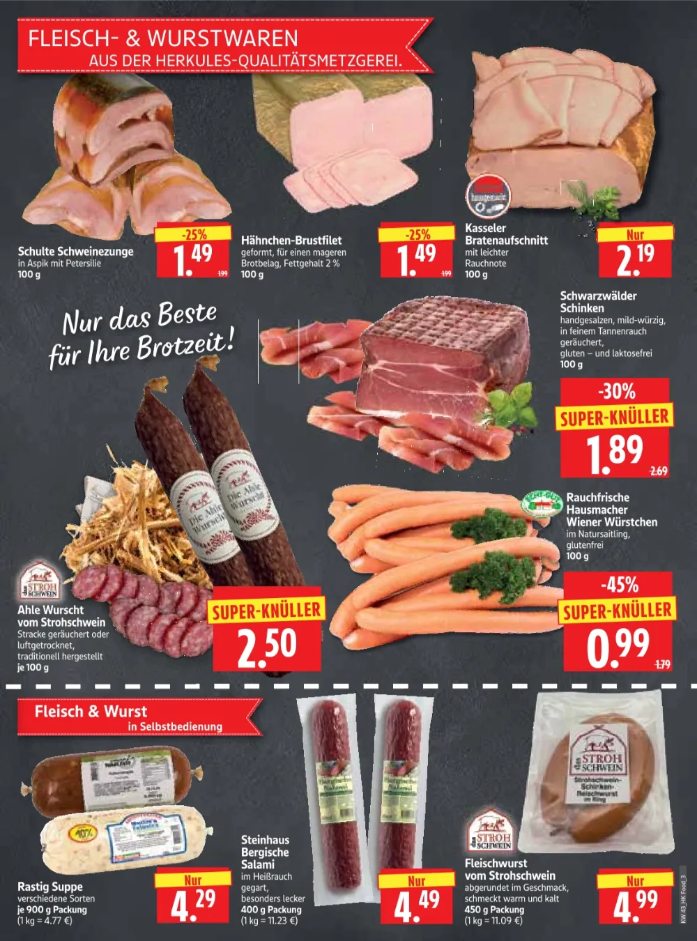 Herkules E-Center Prospekt KW 43 Seite 3 mit Schulte Schweinezunge, Hähnchen-Brustfilet & Kasseler Bratenaufschnitt