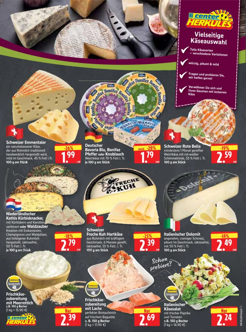 Herkules E-Center Prospekt KW 43 Seite 4 mit Schweizer Emmentaler, Deutscher Bavaria Blu & Schweizer Rote Bella