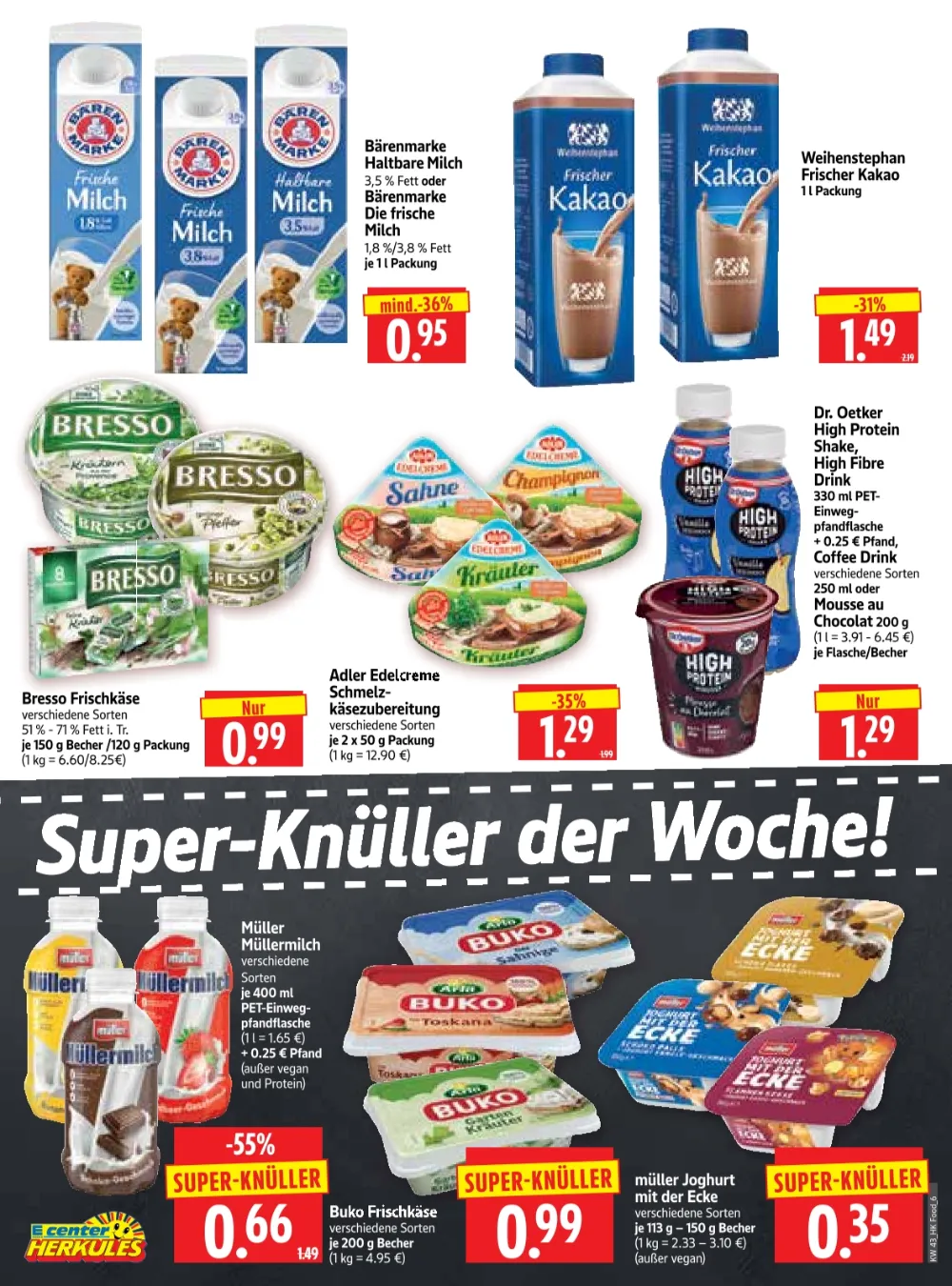 Herkules E-Center Prospekt KW 43 Seite 6 mit Bärenmarke Haltbare Milch, Weihenstephan Frischer Kakao & Bresso Frischkäse   