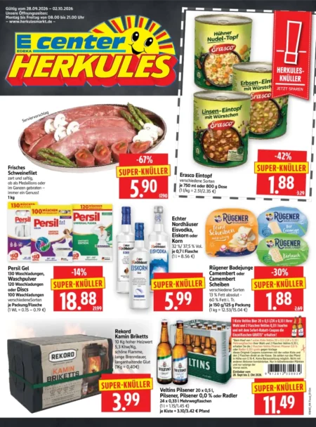 Herkules E Center Prospekt ab 28.09.2026 (KW 40) Herkules E-Center Prospekt ab 28.09.2026 Seite 1 mit Schweinefilet, Erasco Eintopf, Persil, Nordhäuser Korn und Veltins.