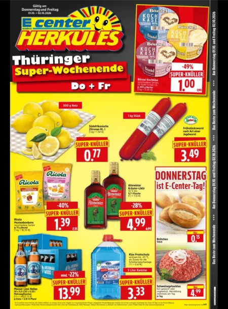 Herkules E Center Prospekt ab 01.10.2026 (KW 40) Super-Wochenende Herkules E-Center Prospekt ab 01.10.2026 Seite 1 mit Kochkäse, Zitronen, Frühstückswurst, Altmeister und Hackfleisch.