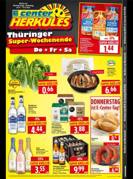 Herkules E Center Prospekt ab 08.10.2026 (KW 41) Super-Wochenende Herkules E-Center Wochenende Prospekt ab 08.10.2026 Seite 1 mit Bockwürstchen, Romanasalat, Bratwurst, Kaffeekapseln & Sekt
