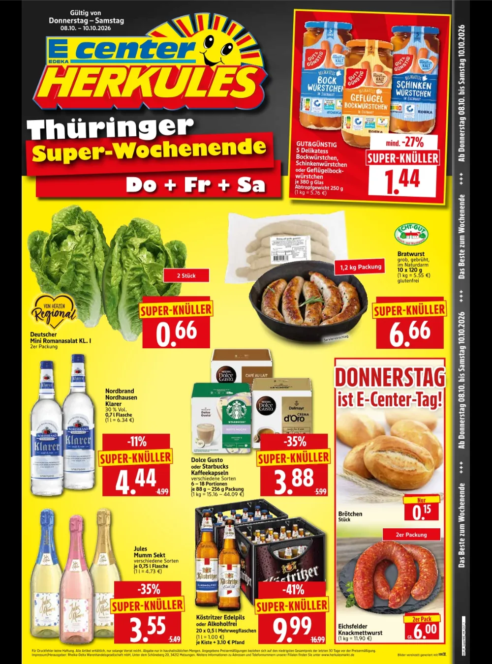 Herkules E-Center Wochenende Prospekt ab 08.10.2026 Seite 1 mit Bockwürstchen, Romanasalat, Bratwurst, Kaffeekapseln & Sekt