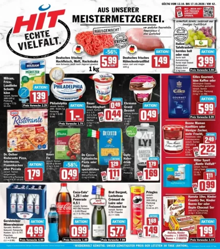 HIT Angebote im Prospekt ab 12.10.2026 (KW 42) HIT Angebote ab 12.10.2026 Seite 1 mit Angeboten für Hackfleisch, Milram, Philadelphia, Dr. Oetker, Coca-Cola & Pringles