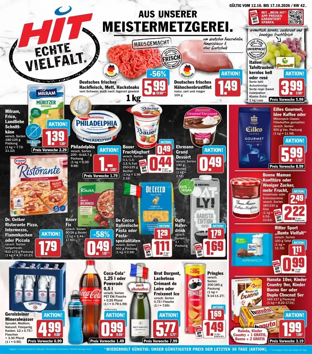 HIT Angebote ab 12.10.2026 Seite 1 mit Angeboten für Hackfleisch, Milram, Philadelphia, Dr. Oetker, Coca-Cola & Pringles