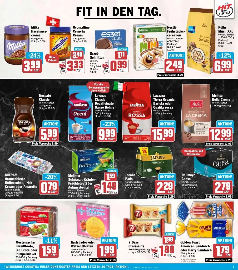 HIT Angebote KW 42 Seite 3 mit Angeboten für Milka Creme, Nestlé Cini Minis, Nescafé, Lavazza, Meßmer Tee & Golden Toast