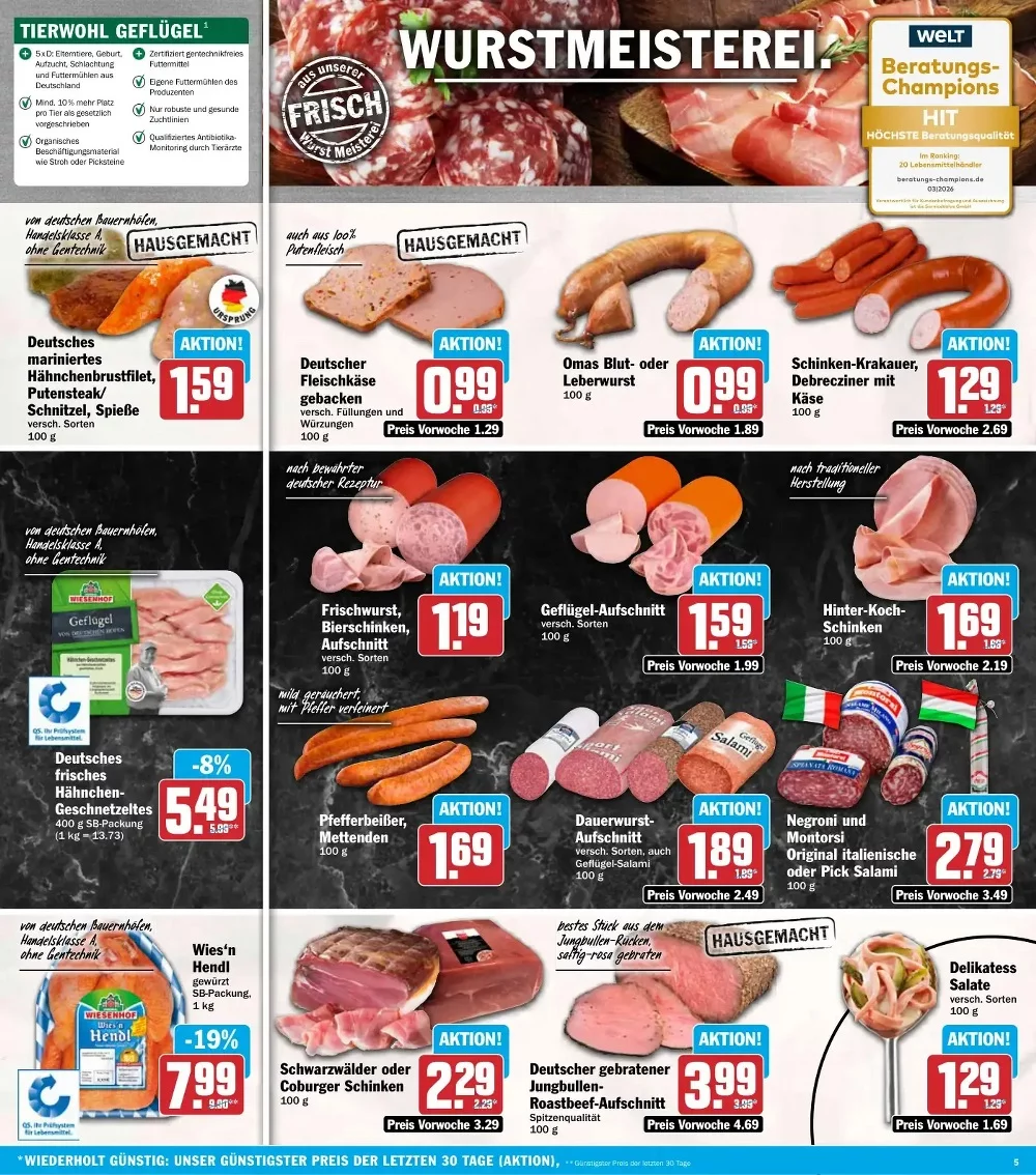 HIT Angebote KW 42 Seite 5 mit Angeboten für Hähnchenbrustfilet, Fleischkäse, Krakauer, Kochschinken & Salami