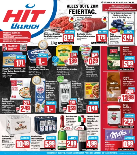 HIT Angebote im Prospekt ab 28.09.2026 (KW 40) HIT Angebote ab 28.09.2026 Seite 1 mit angeboten für Hackfleisch, Rouladen, Heidelbeeren, Butter, Käse und Kaffee.