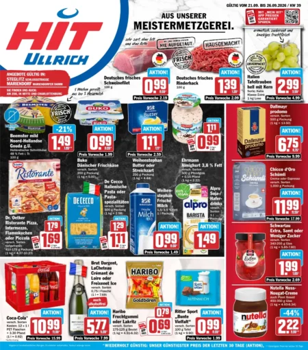HIT Prospekt ab 21.09.2026 (KW 39) HIT Prospekt ab 21.09.2026 Seite 1 mit Schweinefilet, Rinderhack, Tafeltrauben, Gouda, Ristorante Pizza und Nutella.