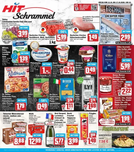 HIT Schrammel Prospekt ab 12.10.2026 (KW 42) HIT Angebote ab 12.10.2026 Seite 1 mit Angeboten für Hackfleisch, Milram, Philadelphia, Dr. Oetker, De Cecco & Pringles