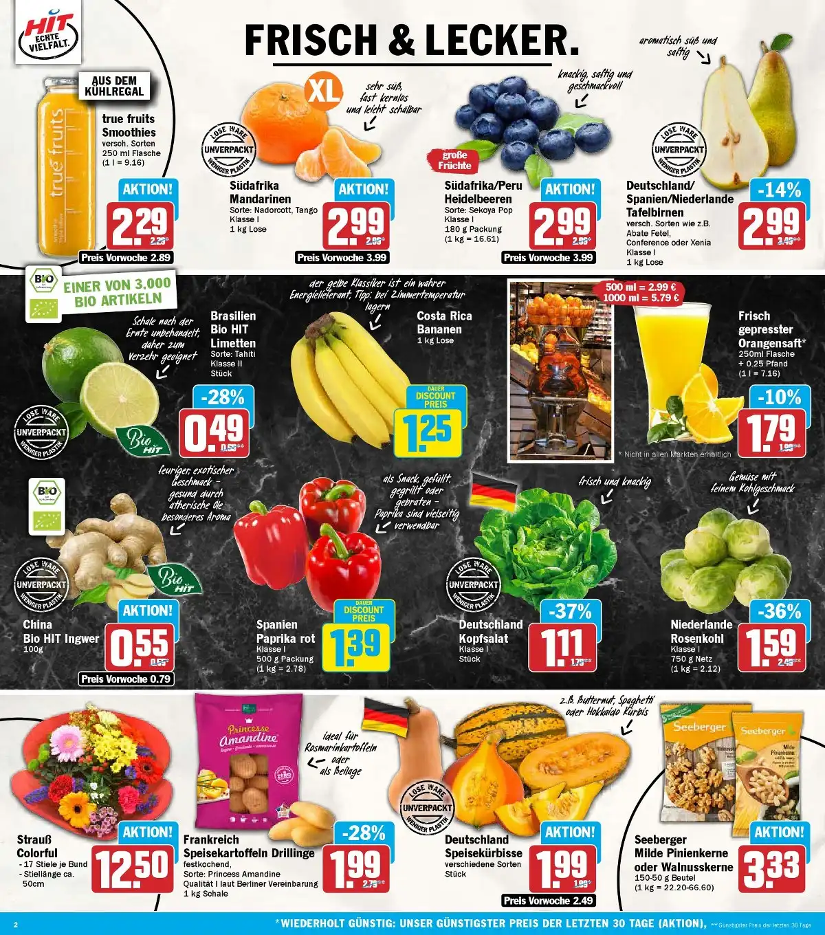 HIT Angebote KW 42 Seite 2 mit Angeboten für Mandarinen, Heidelbeeren, Bananen, Paprika, Kopfsalat, Rosenkohl & Seeberger