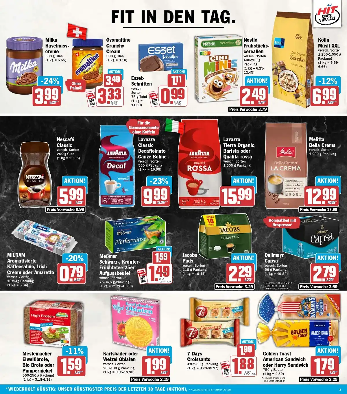 HIT Angebote KW 42 Seite 3 mit Angeboten für Milka Creme, Nestlé Cini Minis, Nescafé, Lavazza, Meßmer Tee & Golden Toast