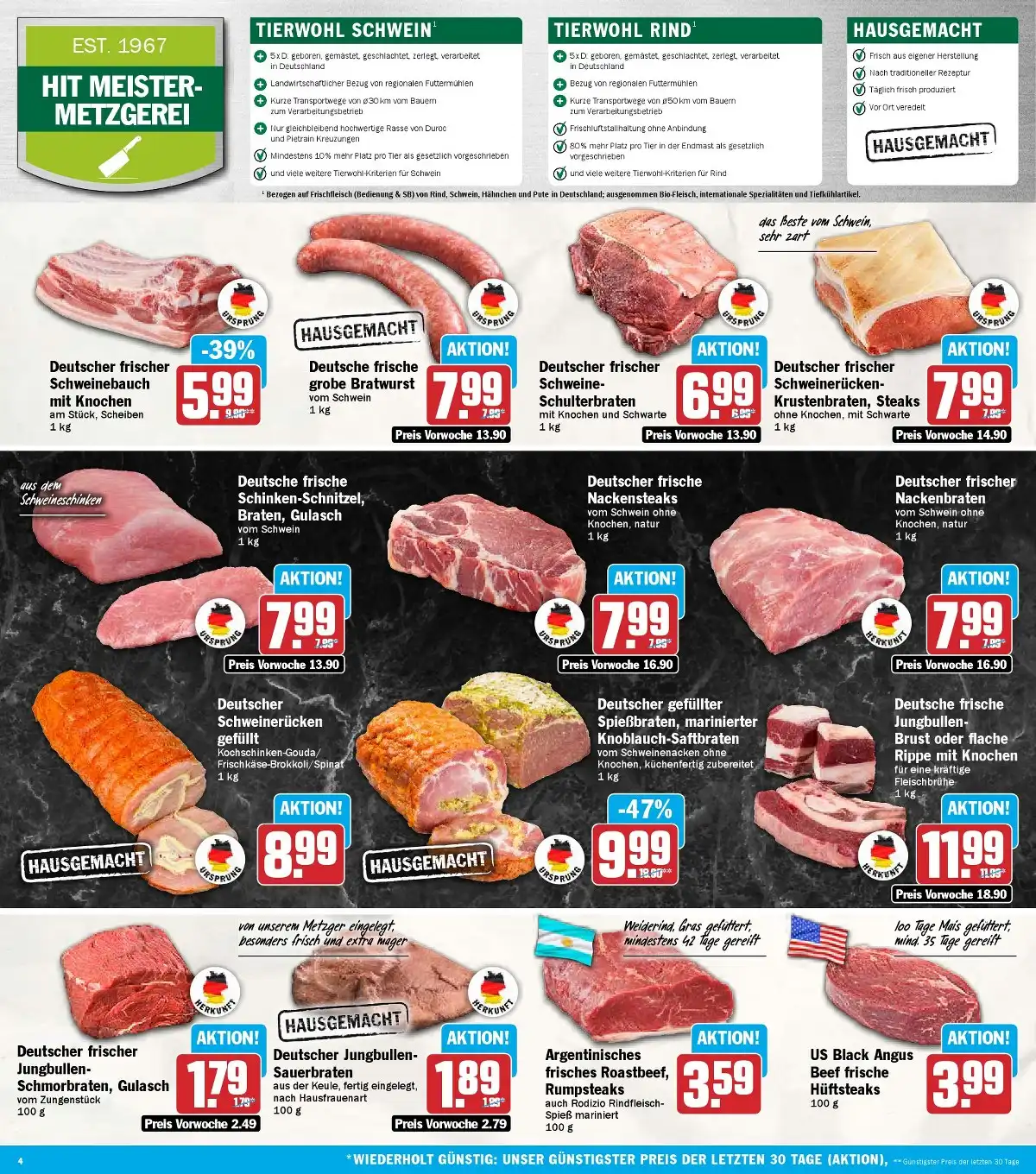 HIT Angebote KW 42 Seite 4 mit Angeboten für Schweinebauch, Bratwurst, Schinken-Schnitzel, Nackensteaks & Roastbeef