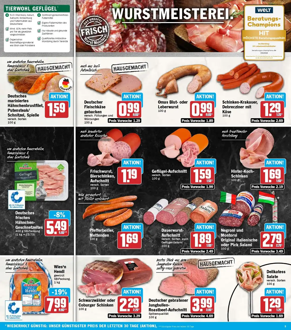 HIT Angebote KW 42 Seite 5 mit Angeboten für Hähnchenbrustfilet, Fleischkäse, Krakauer, Kochschinken & Salami