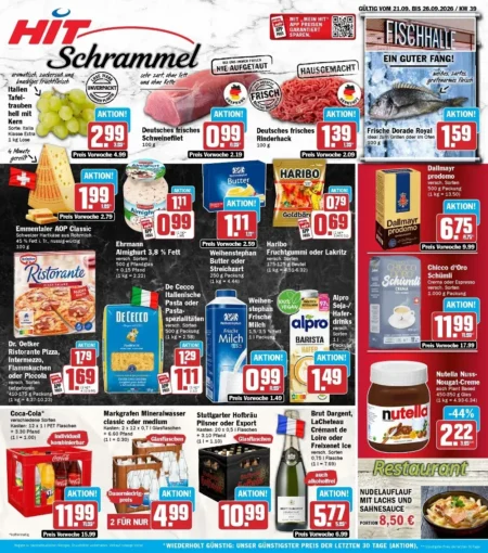 HIT Schrammel Prospekt ab 21.09.2026 (KW 39 ) Hit Schrammel Prospekt ab 21.09.2026 Seite 1 mit Tafeltrauben, Schweinefilet, Rinderhack, Dorade, Haribo und Nutella