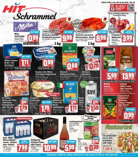 HIT Schrammel Prospekt ab 28.09.2026 (KW 40) HIT Schrammel Prospekt ab 28.09.2026 Seite 1 mit Milka Schokolade, Hackfleisch, Nektarinen, Butter und Pasta.