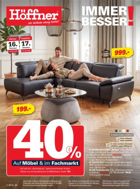 Höffner Prospekt ab 15.10.2026 Seite 1 mit Wohnlandschaft Belfast, Couchtisch & LED-Pendelleuchte