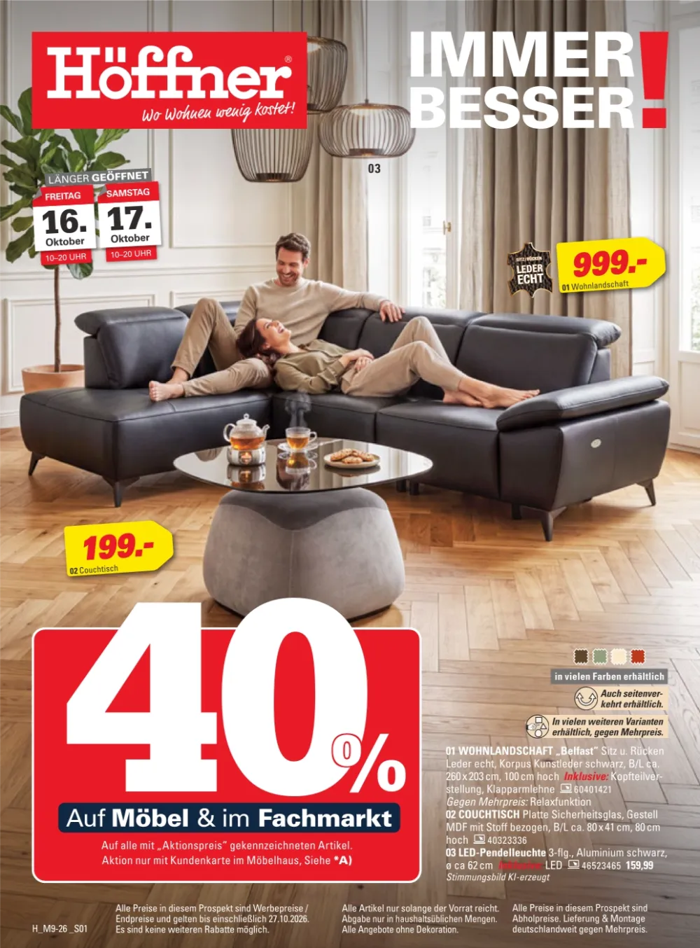 Höffner Prospekt ab 15.10.2026 Seite 1 mit Wohnlandschaft Belfast, Couchtisch & LED-Pendelleuchte