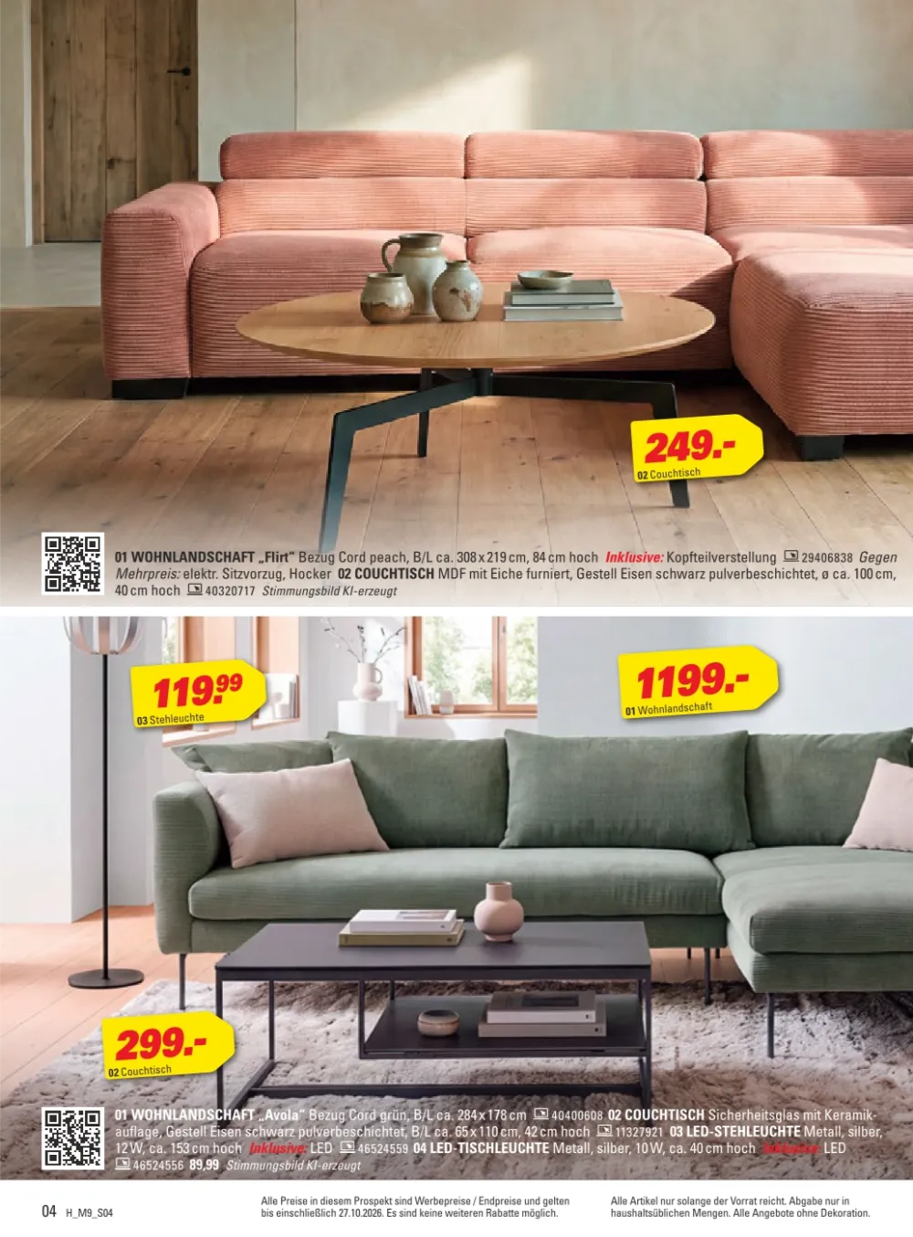 Höffner Prospekt KW 42 Seite 4 mit Wohnlandschaft Flirt, Couchtisch, Wohnlandschaft Avola & LED-Stehleuchte