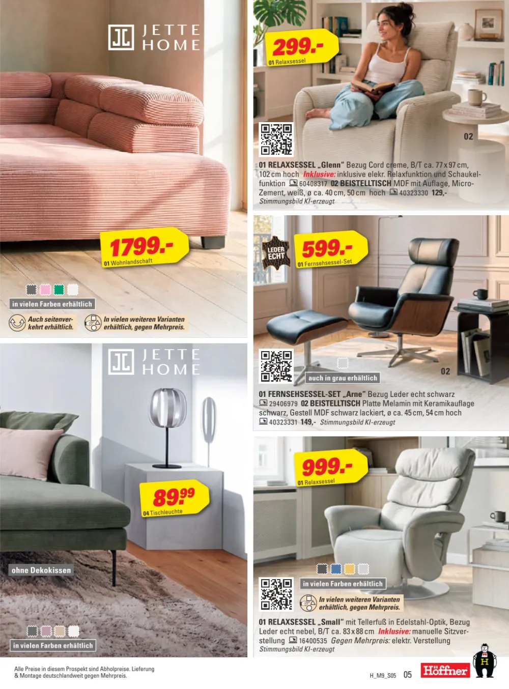 Höffner Prospekt KW 42 Seite 5 mit Wohnlandschaft Jette Home, Relaxsessel Glenn, Fernsehsessel-Set Arne & Relaxsessel Small