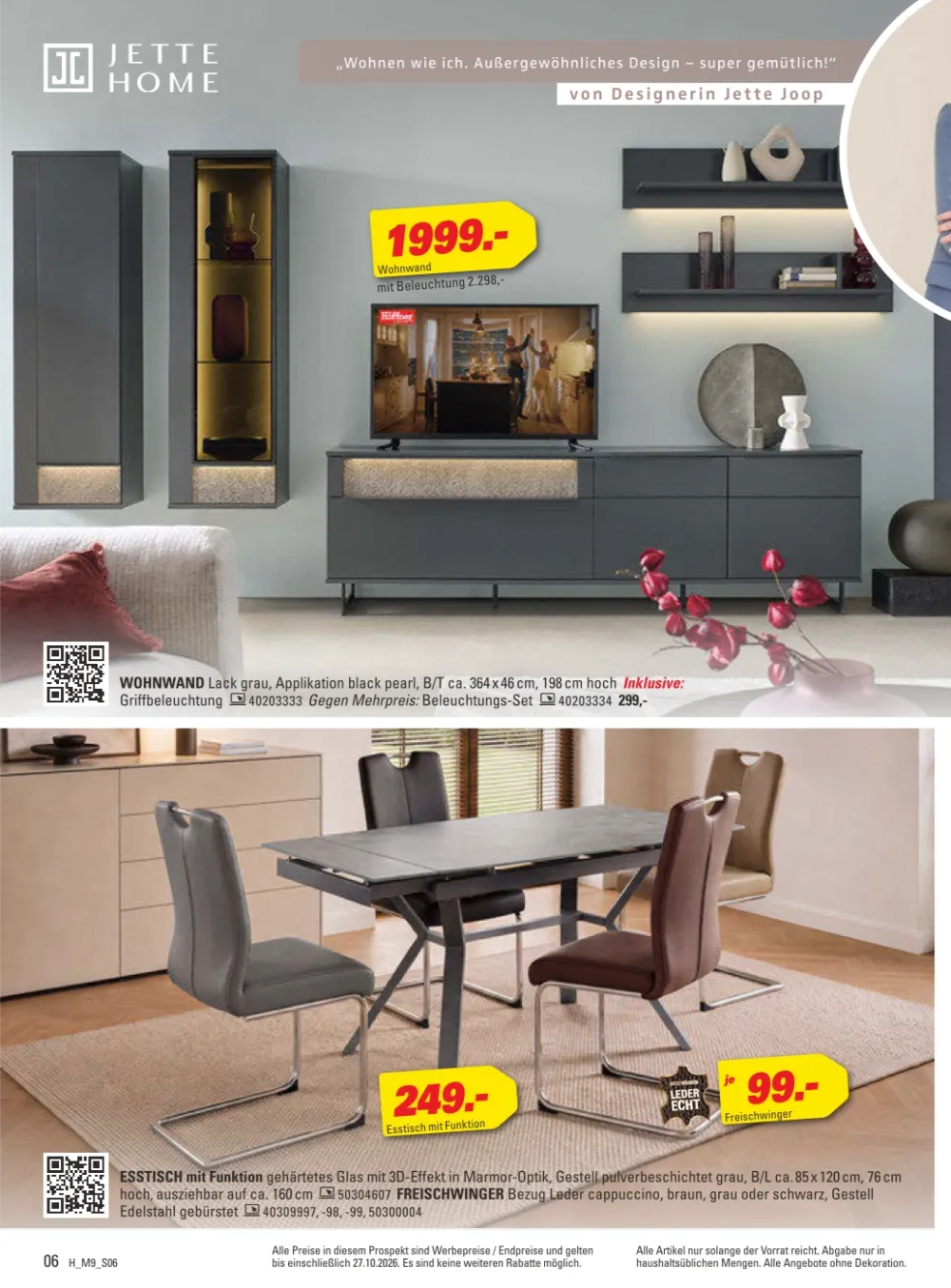 Höffner Prospekt KW 42 Seite 6 mit Wohnwand Jette Home, Esstisch mit Funktion & Freischwinger