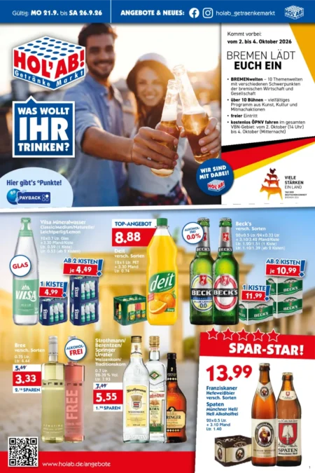 HOL’AB! Angebote im Prospekt ab 21.09.2026 (KW 39) HOL'AB! Angebote ab 21.09.2026 Seite 1 mit angeboten für Vilsa Mineralwasser, Deit, Beck's und Franziskaner Weissbier.