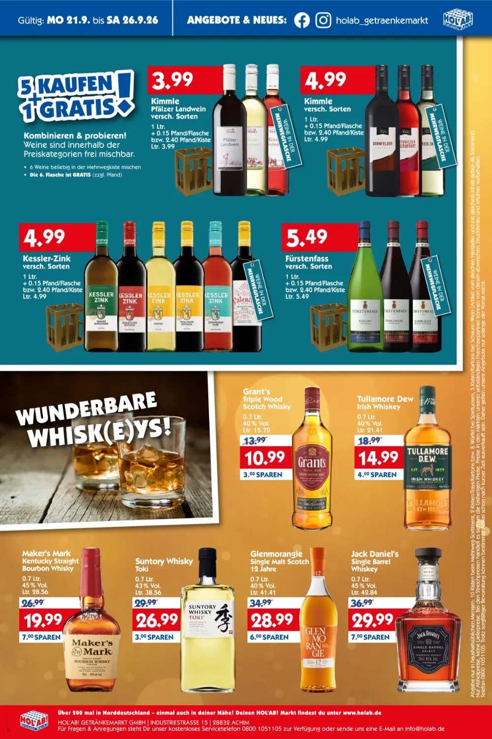 HOL'AB! Angebote KW 39 Seite 8 mit angeboten für Kimmle Landwein, Grant's Whisky, Tullamore Dew und Jack Daniel's.