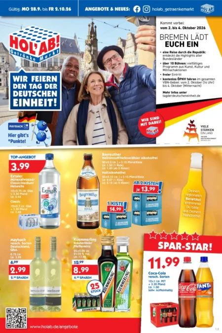 HOL’AB! Prospekt ab 28.09.2026 (KW 40) HOL'AB Prospekt ab 28.09.2026 Seite 1 mit Extaler Mineralwasser, Bayreuther Hell, Maybach Wein und Coca-Cola.