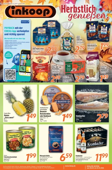 Inkoop Prospekt ab 28.09.2026 (KW 40) Inkoop Prospekt ab 28.09.2026 Seite 1 mit Ananas, Beemster, Kabeljaufilet, Mövenpick Kaffee und Krombacher.