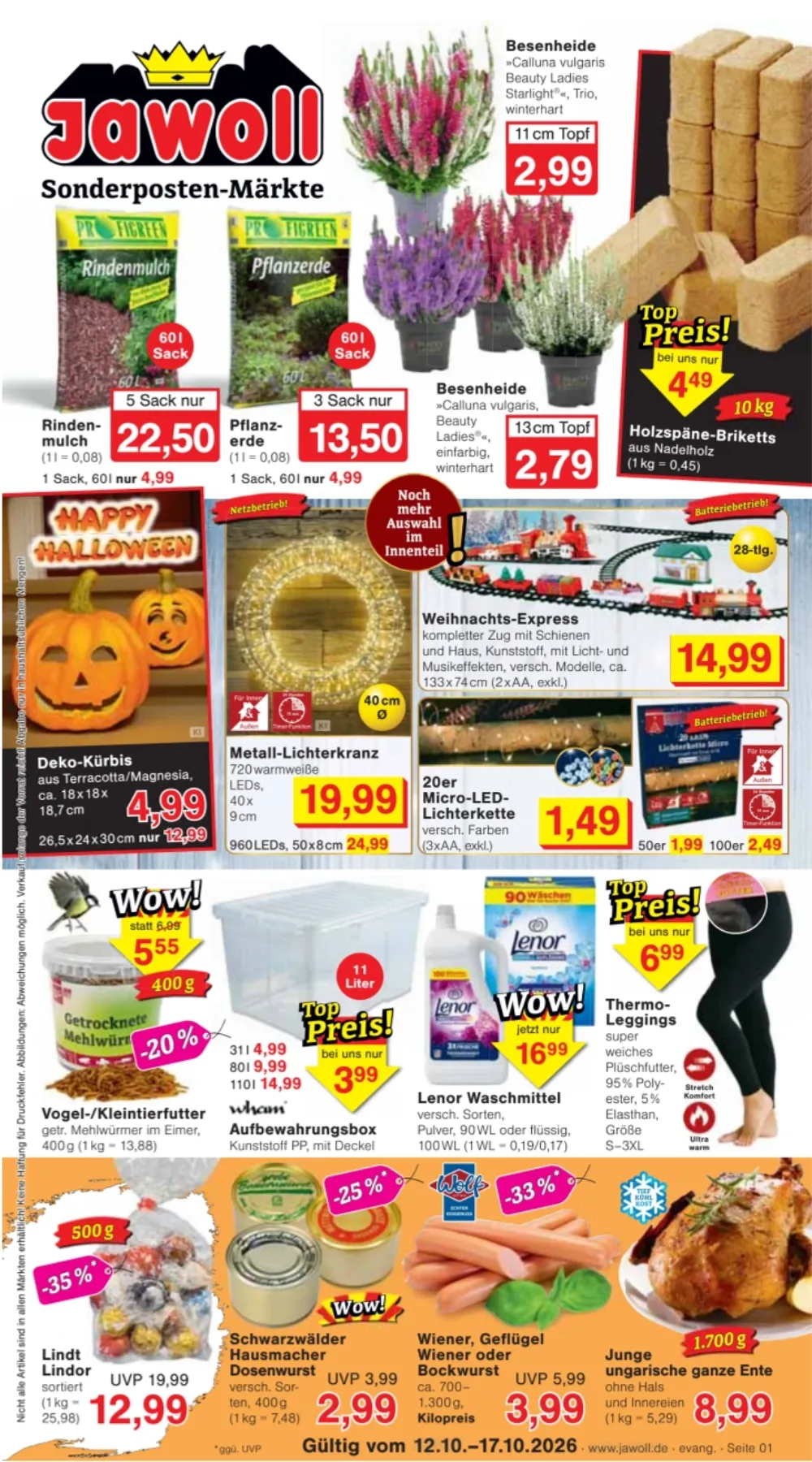 Jawoll Prospekt ab 12.10.2026 Seite 1 mit Rindenmulch, Besenheide, Lichterkette, Lenor Waschmittel & Lindt Schokolade