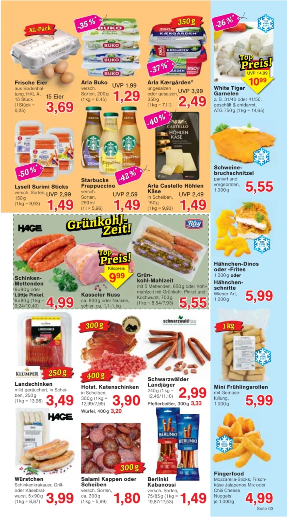 Jawoll Prospekt KW 42 Seite 3 mit Eiern, Arla Buko, Kรฆrgรฅrden, Tiger Garnelen, Grรผnkohl, Katenschinken & Frรผhlingsrollen
