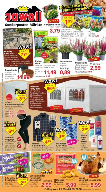 Jawoll Prospekt ab 21.09.2026 (KW 39) Jawoll Prospekt ab 21.09.2026 Seite 1 mit Blumenzwiebeln, Party-Zelt, Milka Schokolade, Hähnchen-Nuggets und Ente