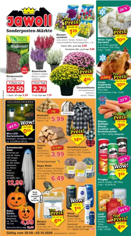 Jawoll Prospekt ab 28.09.2026 (KW 40) Jawoll Prospekt ab 28.09.2026 Seite 1 mit Rindenmulch, Besenheide, Chrysantheme, Kaminholz und Pringles.