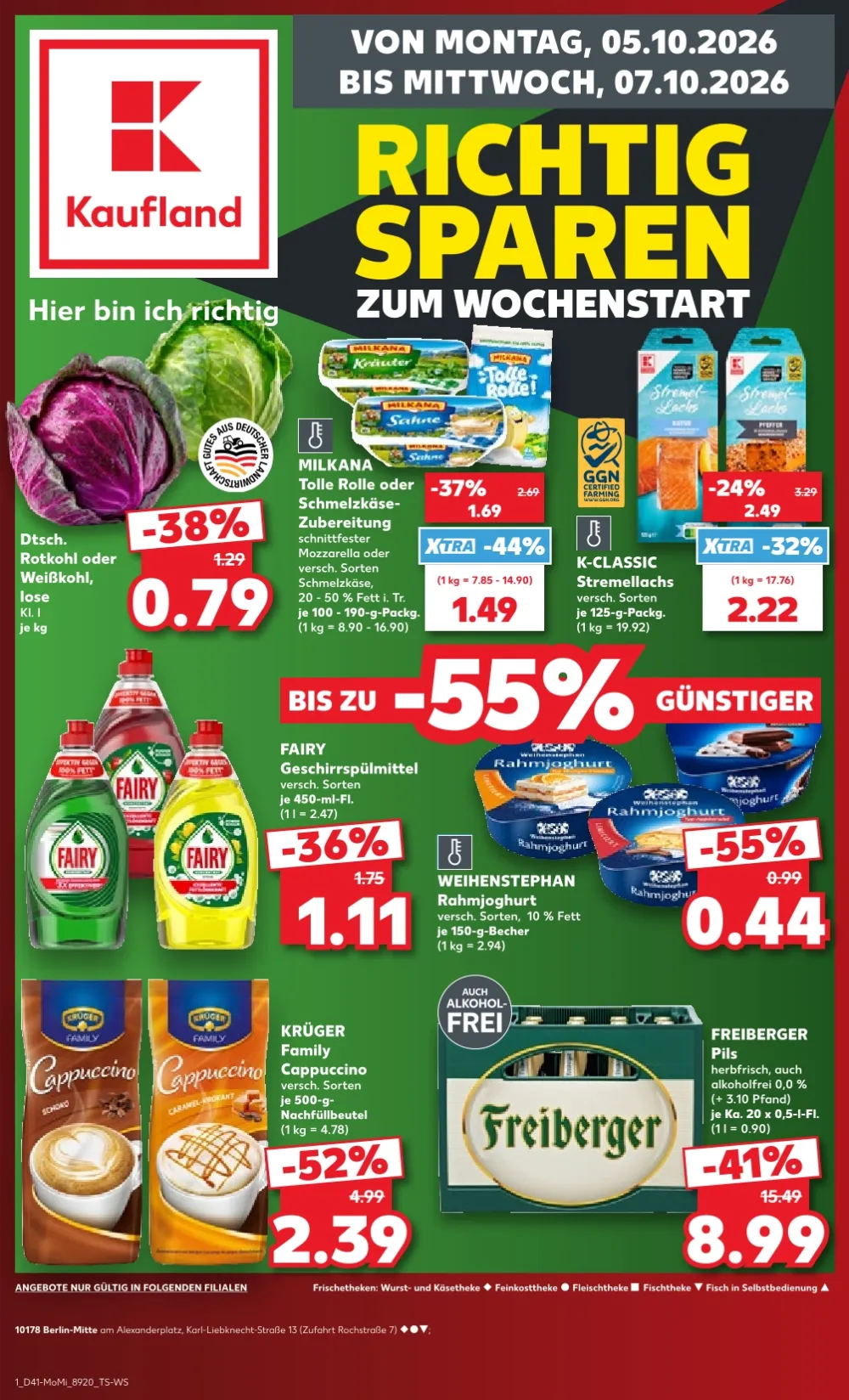 Kaufland Angebote ab 05.10.2026 Seite 1 mit Angeboten für Rotkohl, Milkana, Fairy und Weihenstephan Rahmjoghurt.