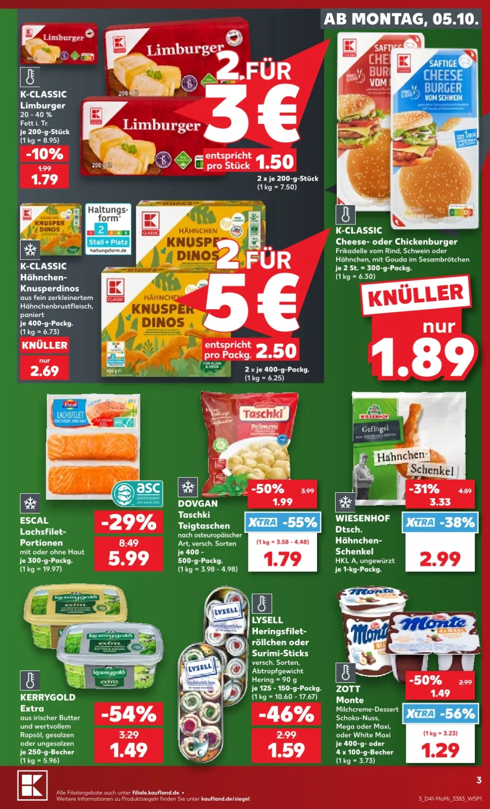 Kaufland Angebote KW41 Seite 3 mit Angeboten für Limburger, Knusperdinos, Lachsfilet und Zott Monte.