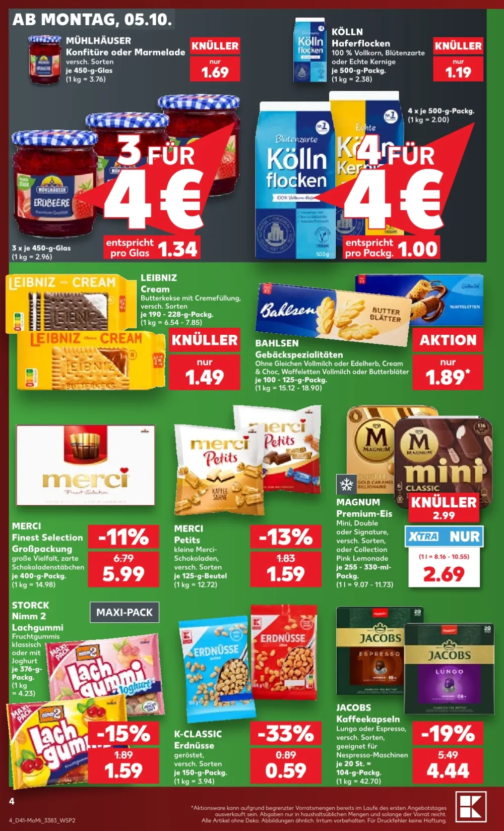Kaufland Angebote KW41 Seite 4 mit Angeboten für Mühlhäuser Konfitüre, Kölln Haferflocken, Merci und Magnum Eis.