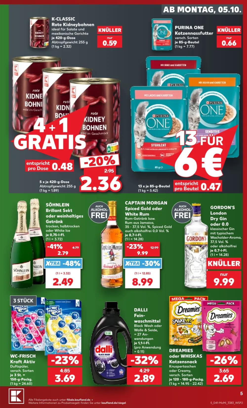 Kaufland Angebote KW41 Seite 5 mit Angeboten für Kidneybohnen, Purina One, Captain Morgan und Dalli Waschmittel.