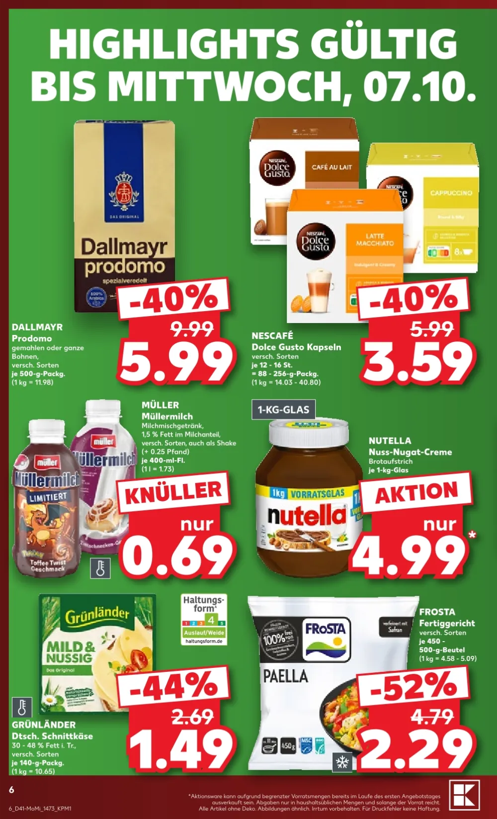 Kaufland Angebote KW41 Seite 6 mit Angeboten für Dallmayr Prodomo, Nescafé Dolce Gusto, Nutella und Frosta.