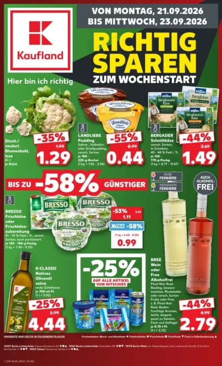 Kaufland Angebote (Wochenstart) ab 21.09.2026 (KW 39) Kaufland Angebote ab 21.09.2026 Seite 1 mit Angeboten für Blumenkohl, Landliebe Pudding, Bergader Käse, Bresso & Olivenöl.