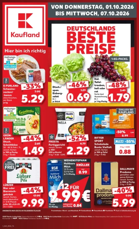 Kaufland Prospekt ab 01.10.2026 (KW 40) Kaufland Prospekt ab 01.10.2026 Seite 1 mit Schweinenacken, Eisbergsalat, Trauben, Schnittkäse, Ritter Sport und Kaffee.