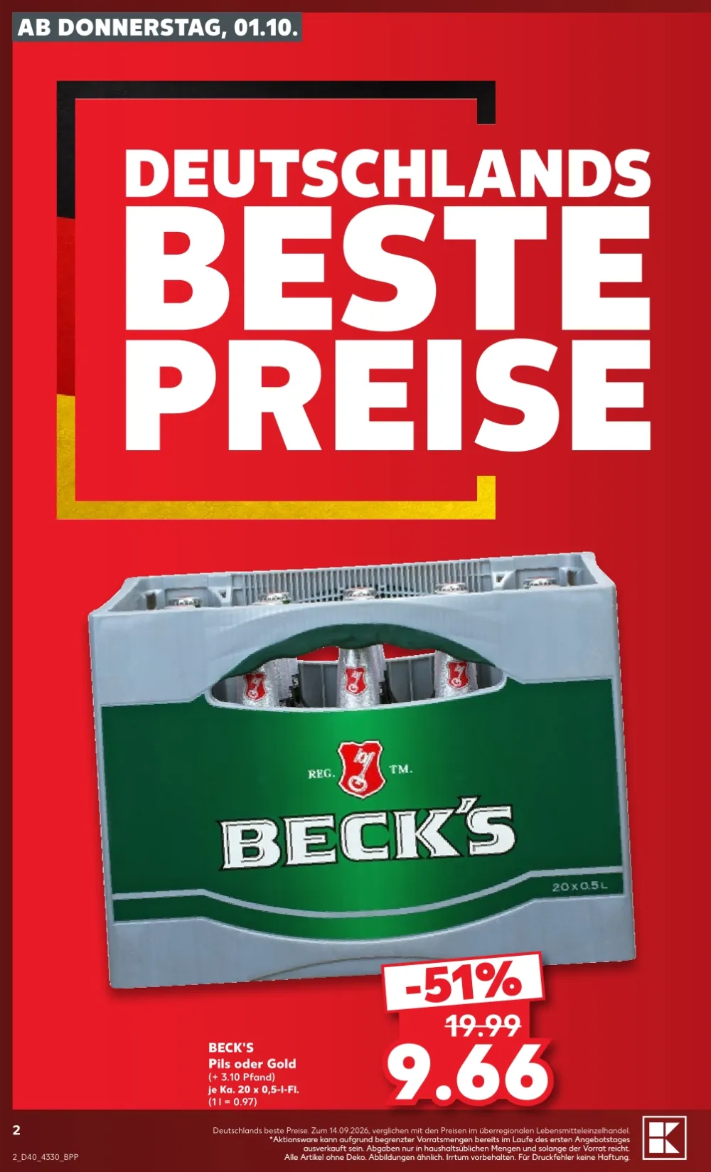 Kaufland Prospekt KW 40 Seite 2 mit Beck's Pils oder Gold Bier im Kasten.