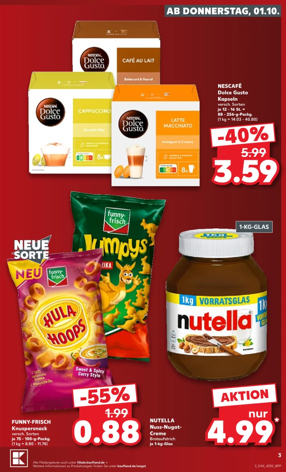 Kaufland Prospekt KW 40 Seite 3 mit Nescafé Dolce Gusto, funny-frisch Hula Hoops und Nutella 1kg Vorratsglas.