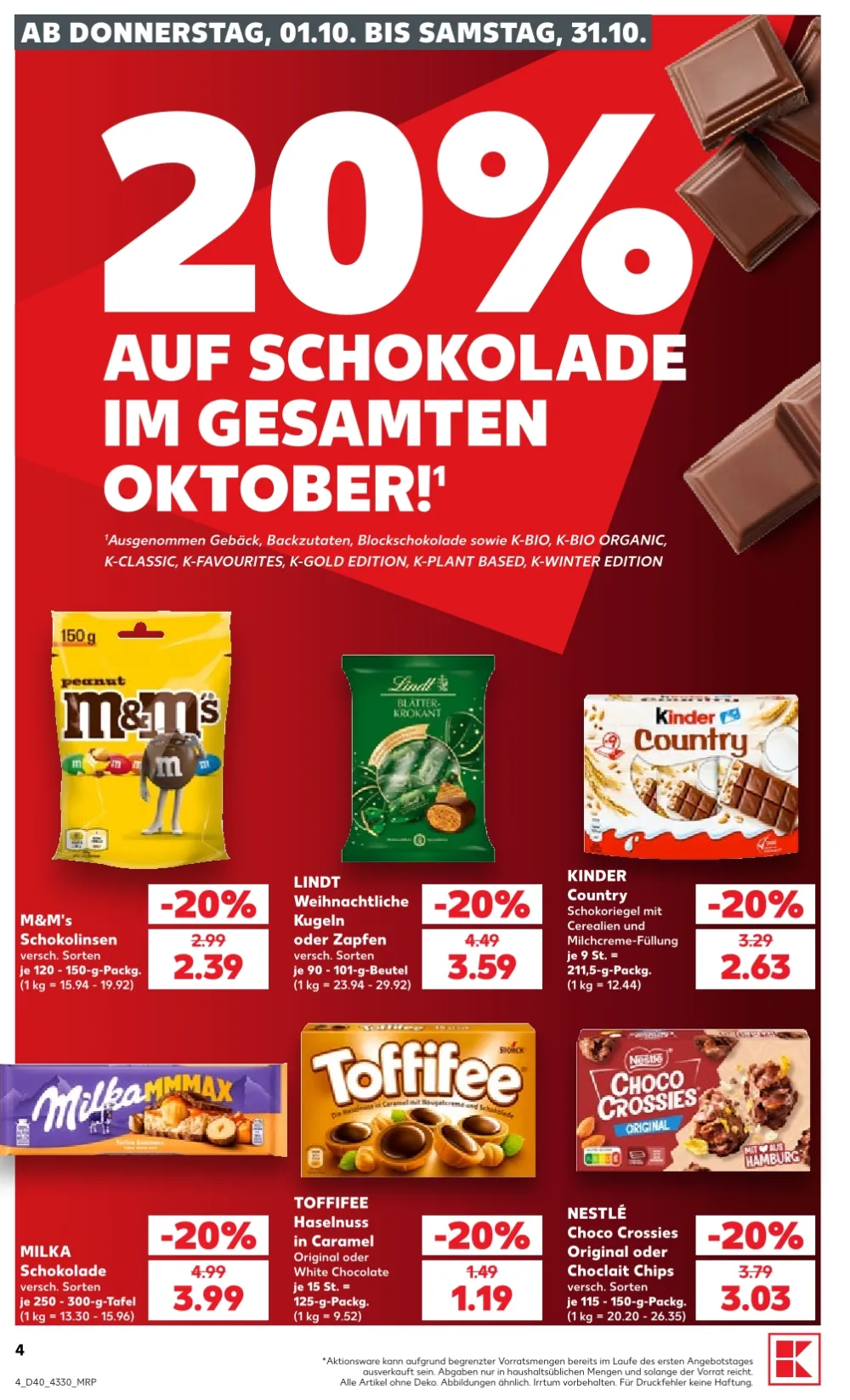 Kaufland Prospekt KW 40 Seite 4 mit M&M's, Lindt Schokolade, Kinder Country, Milka, Toffifee und Choco Crossies.