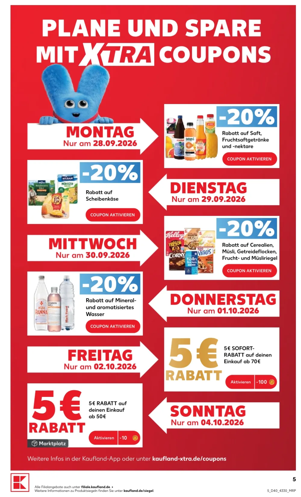 Kaufland Prospekt KW 40 Seite 5 mit Coupons für Saft, Scheibenkäse, Müsli, Mineralwasser und Einkaufsrabatt.