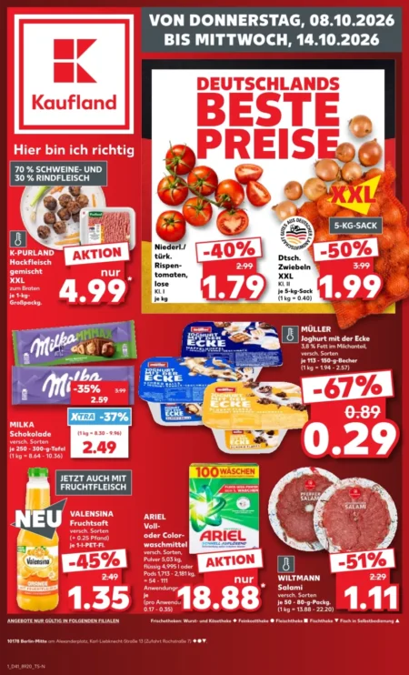 Kaufland Prospekt ab 08.10.2026 (KW 41) Kaufland Prospekt ab 08.10.2026 Seite 1 mit Hackfleisch, Rispentomaten, Zwiebeln, Milka Schokolade & Ariel Waschmittel