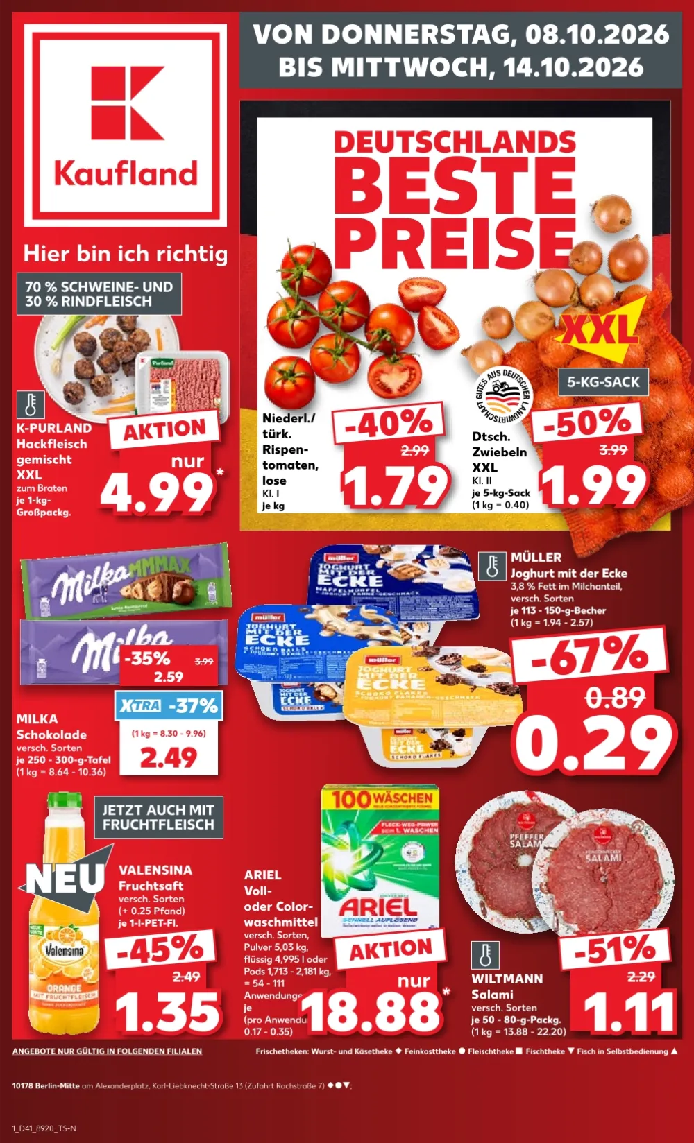 Kaufland Prospekt ab 08.10.2026 Seite 1 mit Hackfleisch, Rispentomaten, Zwiebeln, Milka Schokolade & Ariel Waschmittel