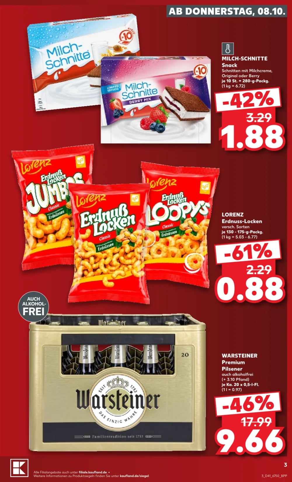 Kaufland Prospekt KW 41 Seite 3 mit Milch-Schnitte, Lorenz Erdnuss-Locken & Warsteiner Premium Pilsener