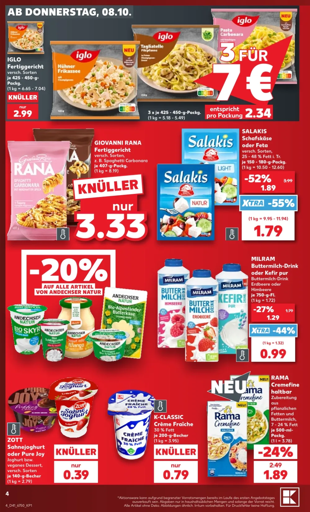 Kaufland Prospekt KW 41 Seite 4 mit Iglo Fertiggericht, Salakis Schafskäse, Milram Buttermilch-Drink & Zott Sahnejoghurt