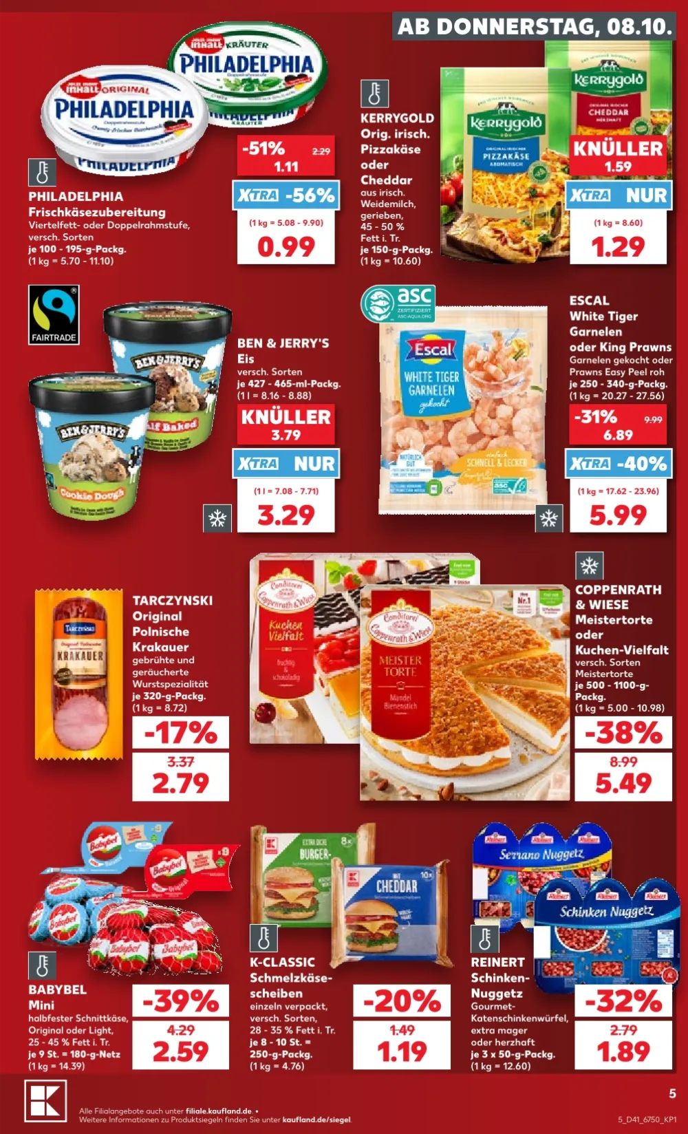 Kaufland Prospekt KW 41 Seite 5 mit Philadelphia Frischkäse, Kerrygold Pizzakäse, Ben & Jerry's Eis & Babybel
